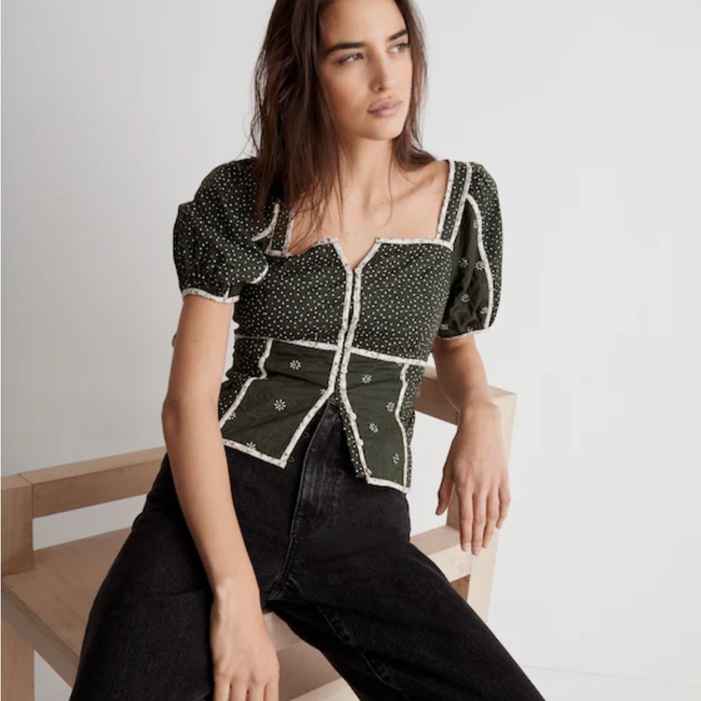 Madewell cottagecore green patchwork puff sleeve square neckline top 12